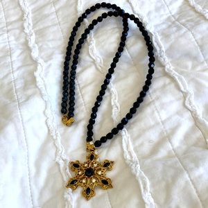 1928 jewelry co. 32 inch black jet necklace with 3 inch crystal pendant drop.